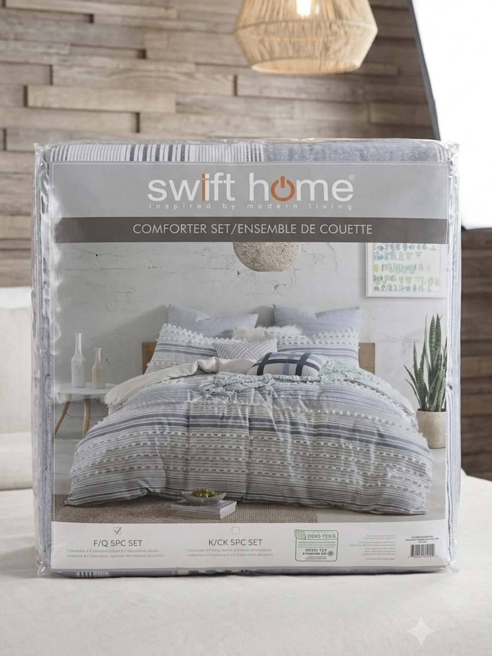 Swift Home Light Gray Striped Comforter Set - Modern 5-Piece